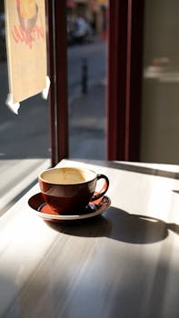 A lone coffee cup on a table in a sunlit Istanbul cafe, capturing warm ambiance.