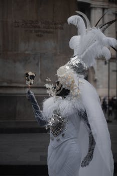 A striking Catrina dressed in an elaborate white costume holding a mask during Day of the Dead festivities.