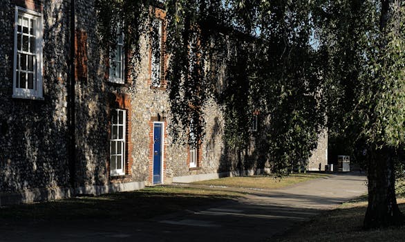 白天，郁郁葱葱的树木环绕着迷人的古老石头建筑和那扇蓝色的门