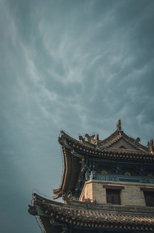 Free Photo of historic architecture in Xi'an, featuring intricate designs against dramatic sky. Stock Photo