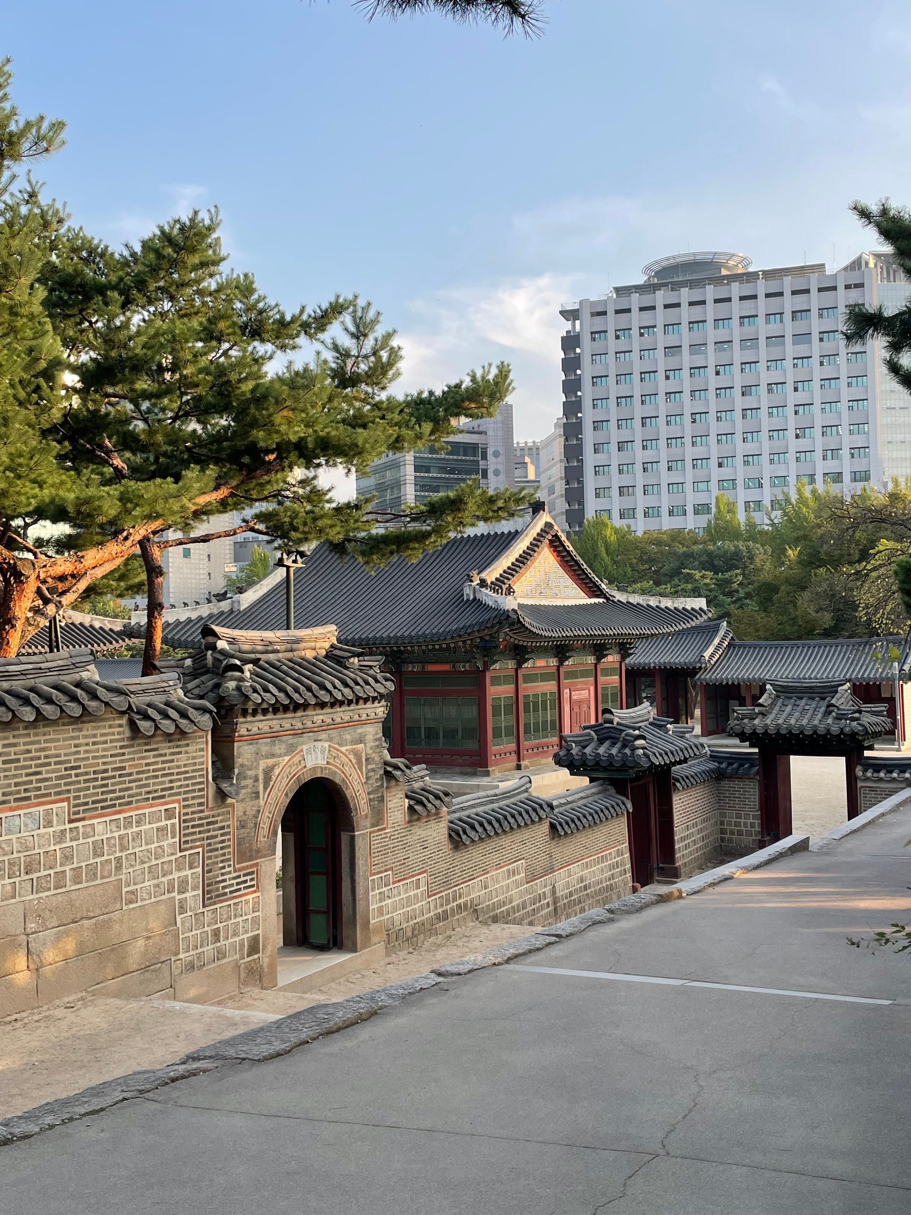 Captivating blend of traditional Korean architecture with modern Seoul skyline during daylight.