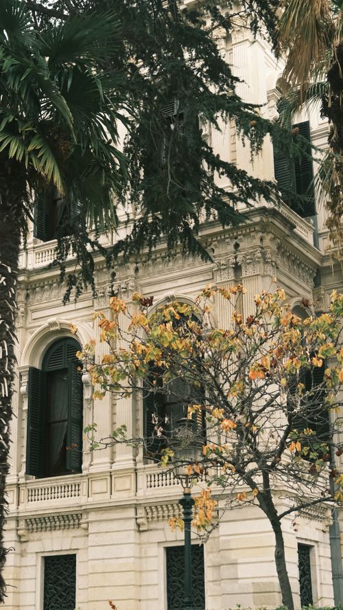 Free Beautiful view of classical architecture framed by autumn trees, capturing historic charm. Stock Photo