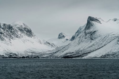 Free Stunning snowy mountains meeting the coast in Northern Norway, overlooking the Atlantic Ocean. Stock Photo