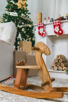 Warm holiday living room scene featuring a wooden rocking horse and festive decorations.