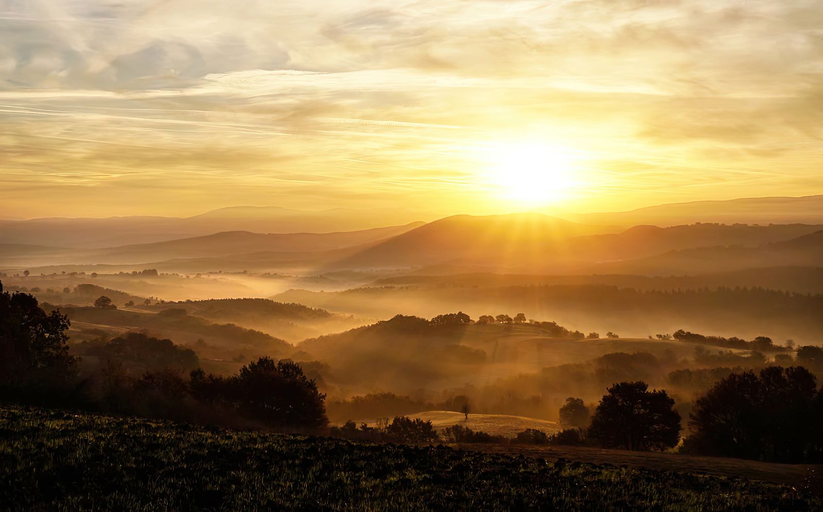 Golden sunrise over misty rolling hills with no people in the frame, an illustrative real photo chosen for Sunrise on the Reaping, which begins on the morning of Haymitch Abernathy's reaping