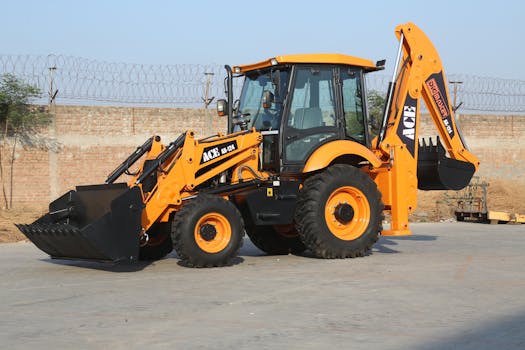 ACE AX 124 backhoe loader parked at an outdoor construction site in India.