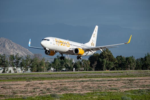 A passenger airplane with 'flybondi' branding lands on a runway surrounded by mountains.