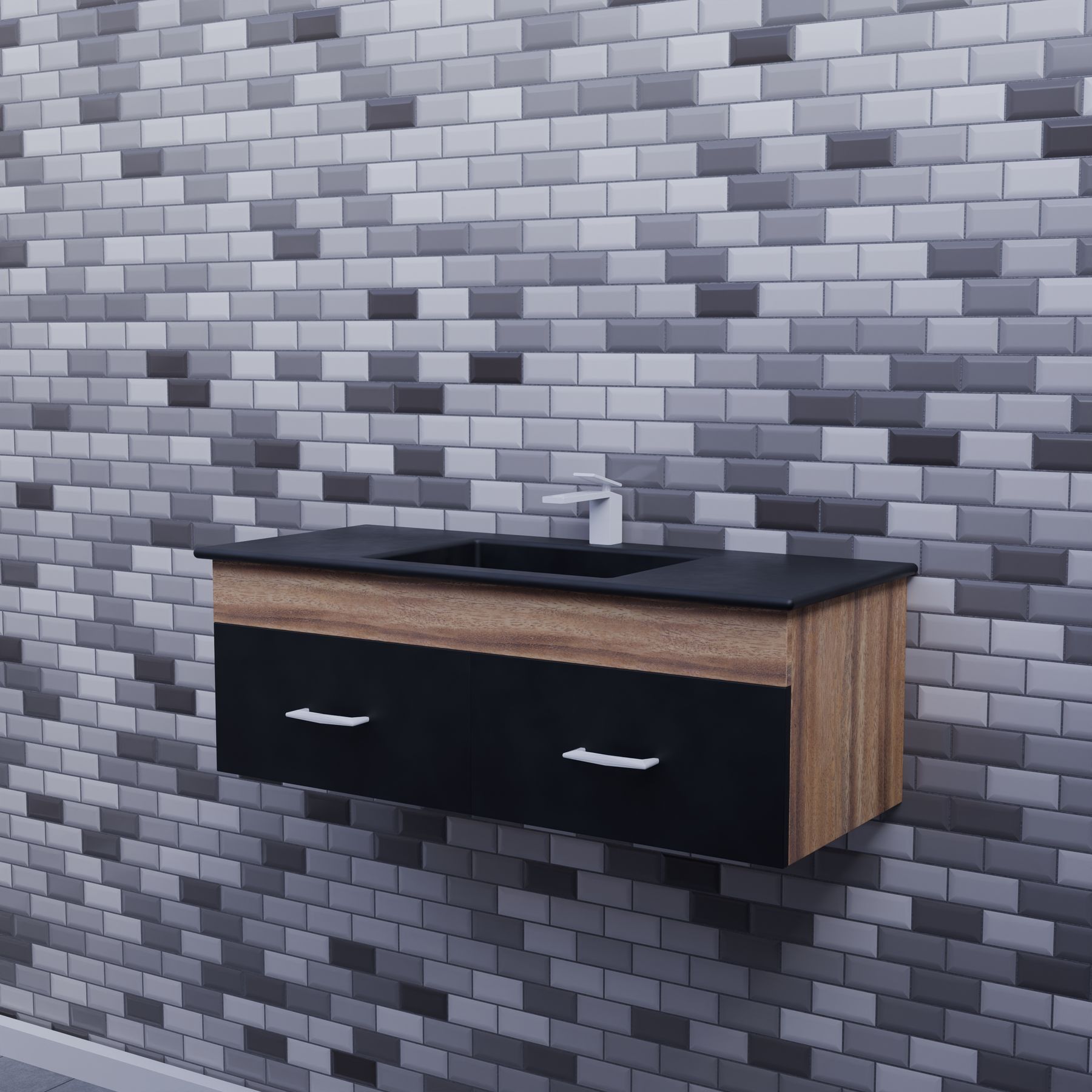 Bathroom vanity with grey brick-pattern tile, black counter and warm wood cabinets