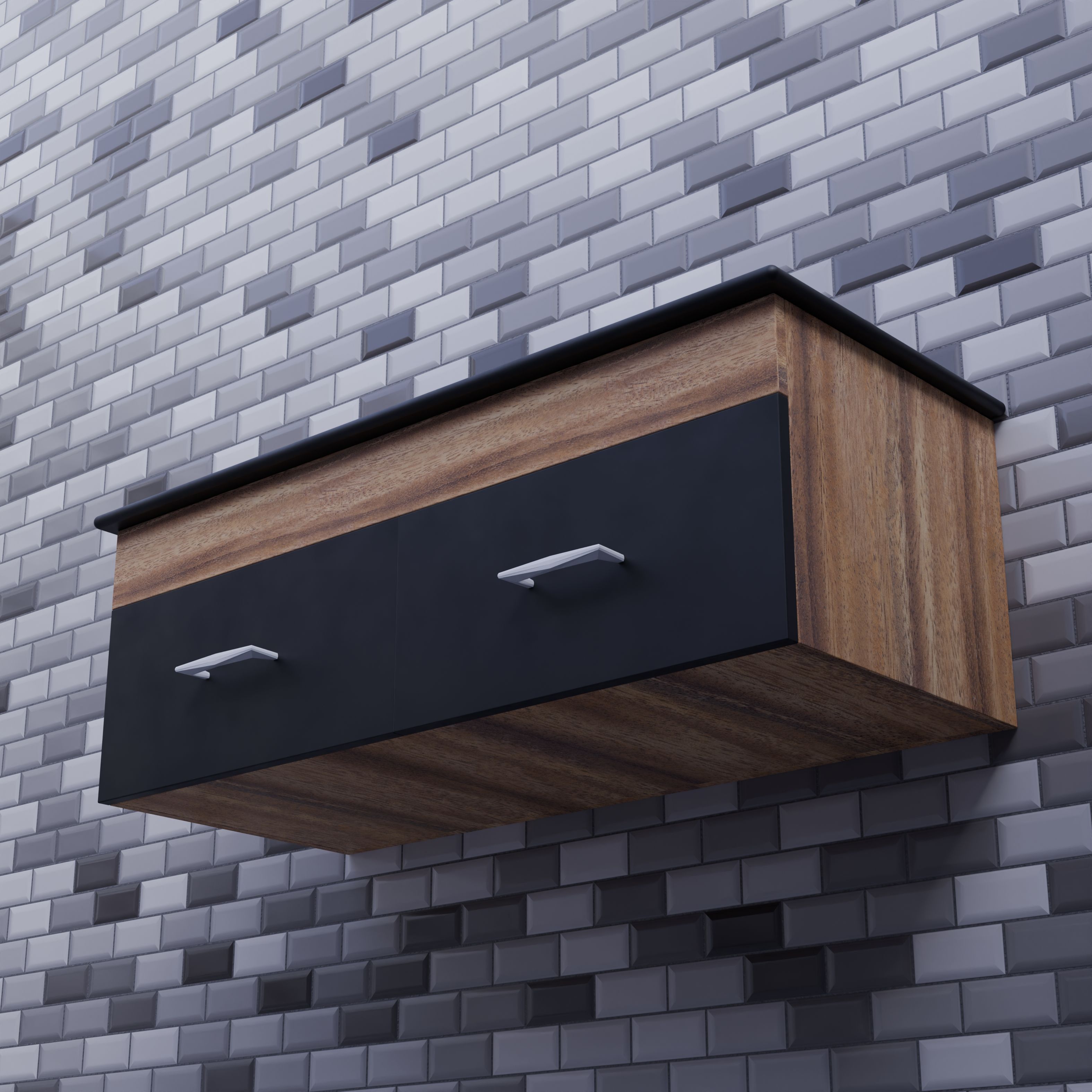 A stylish wall-mounted wooden cabinet with metal handles against a gray tiled wall.