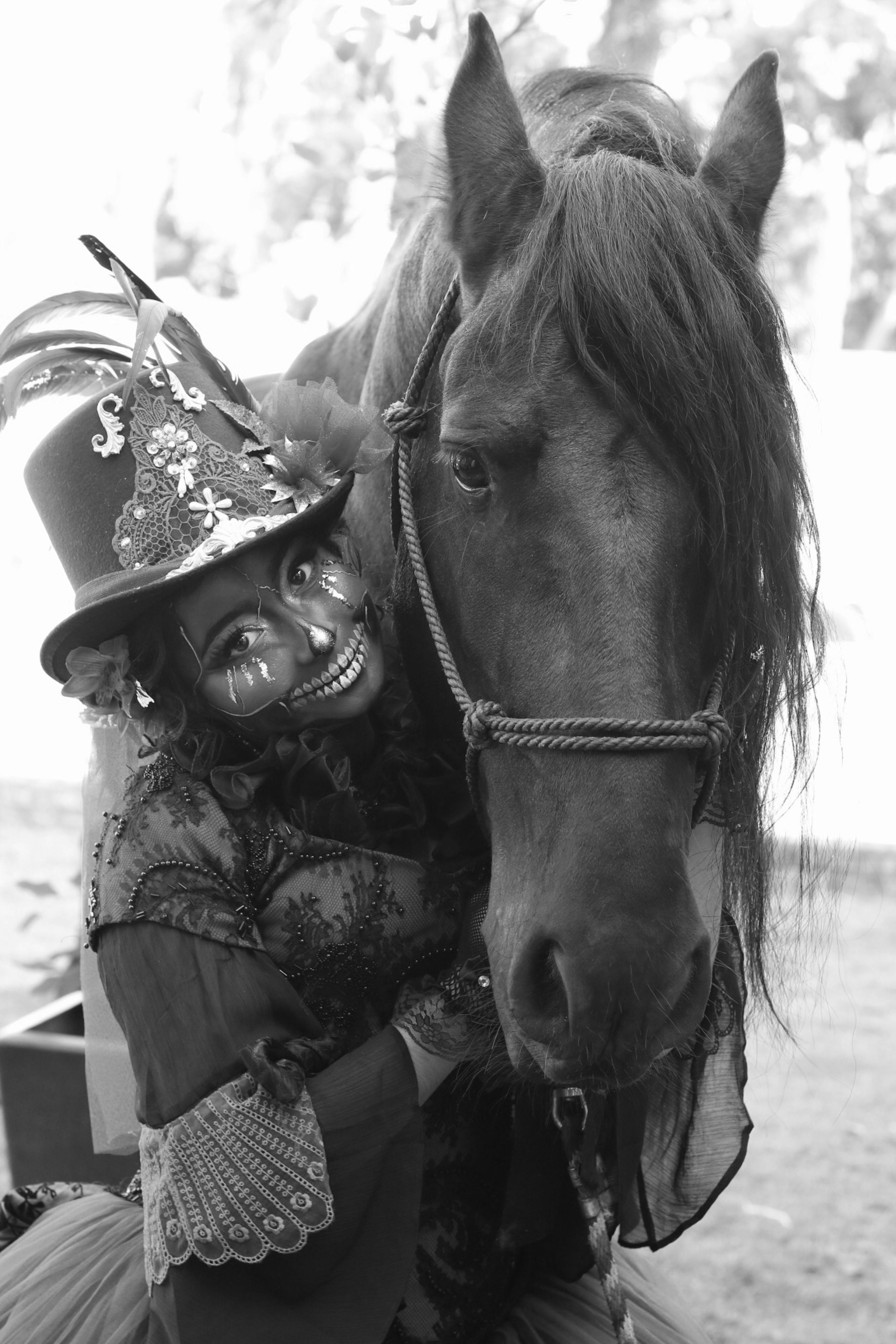 Free Black and white photo of a person in a detailed costume with a horse, creating a striking scene. Stock Photo