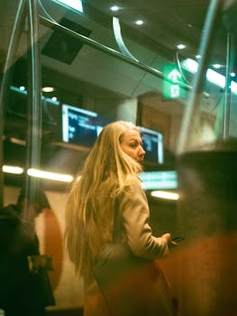 A woman with long blonde hair waits at a metro station in Amsterdam with a reflective ambiance.