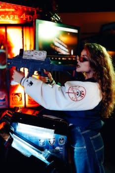A fun image of a young woman enjoying an arcade shooting game, immersed in the experience.