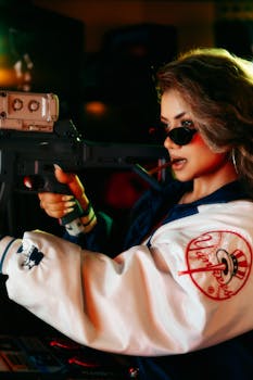 Woman in a bomber jacket enjoying a shooting game at an arcade, exuding a retro vibe.