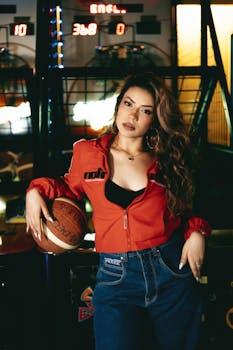 Confident woman in casual outfit posing with basketball indoors under neon lights.