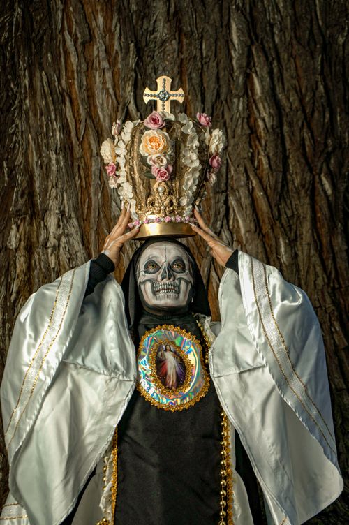 Free Person wearing skeleton face paint and ornate crown, depicting cultural tradition. Stock Photo