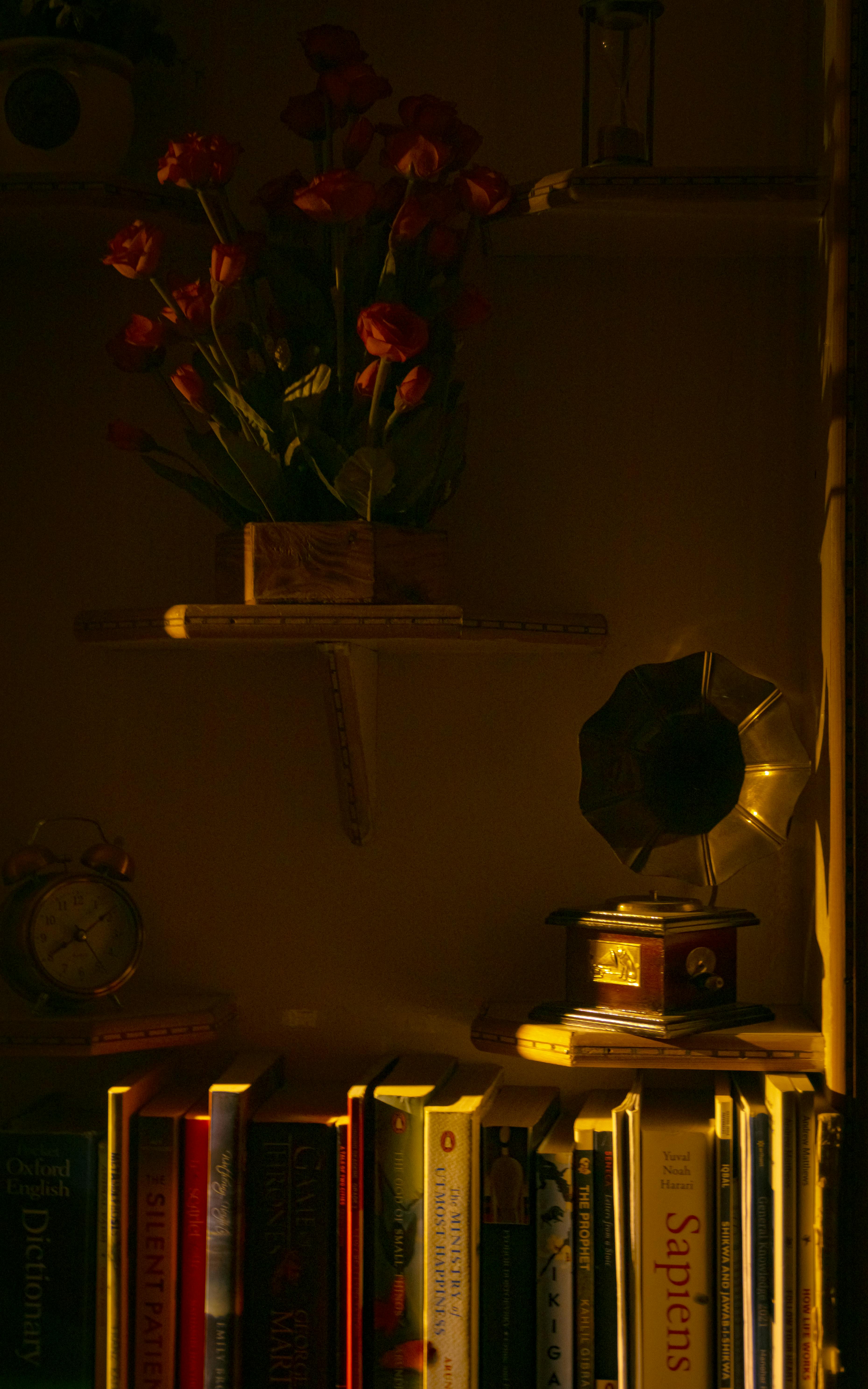 Gratuit Un raft cu lumină caldă, cu decor vintage, flori roșii, ceas și cărți, creând o ambianță confortabilă. Fotografie de stoc