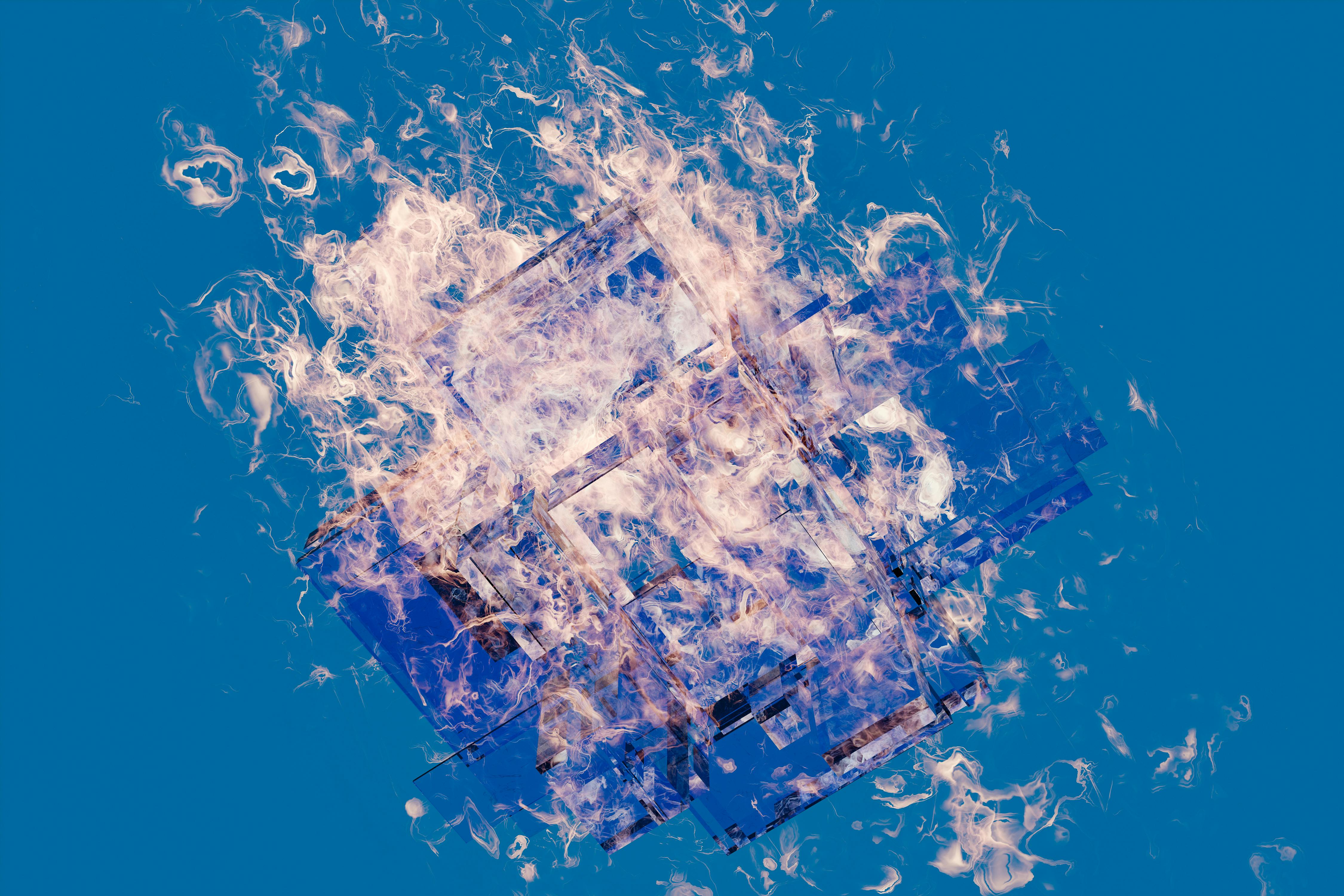 De franc Una peça d'art abstracte vibrant amb un disseny geomètric ardent sobre un fons blau. Foto d'estoc