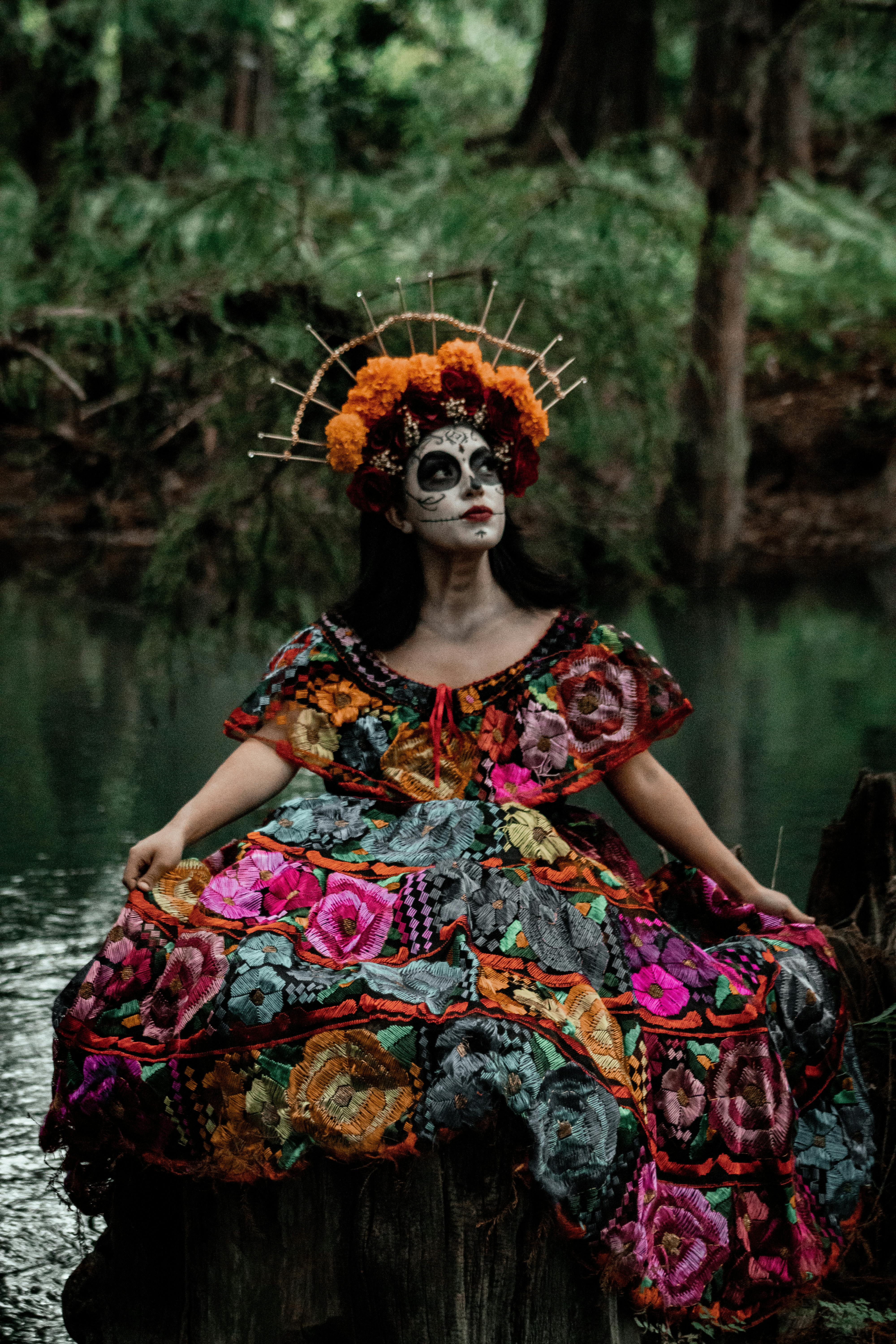 traditional catrina costume in mexican forest