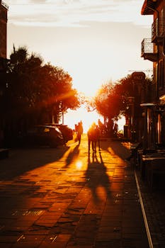 Silhouetted people walking on a street at sunset, creating long shadows.