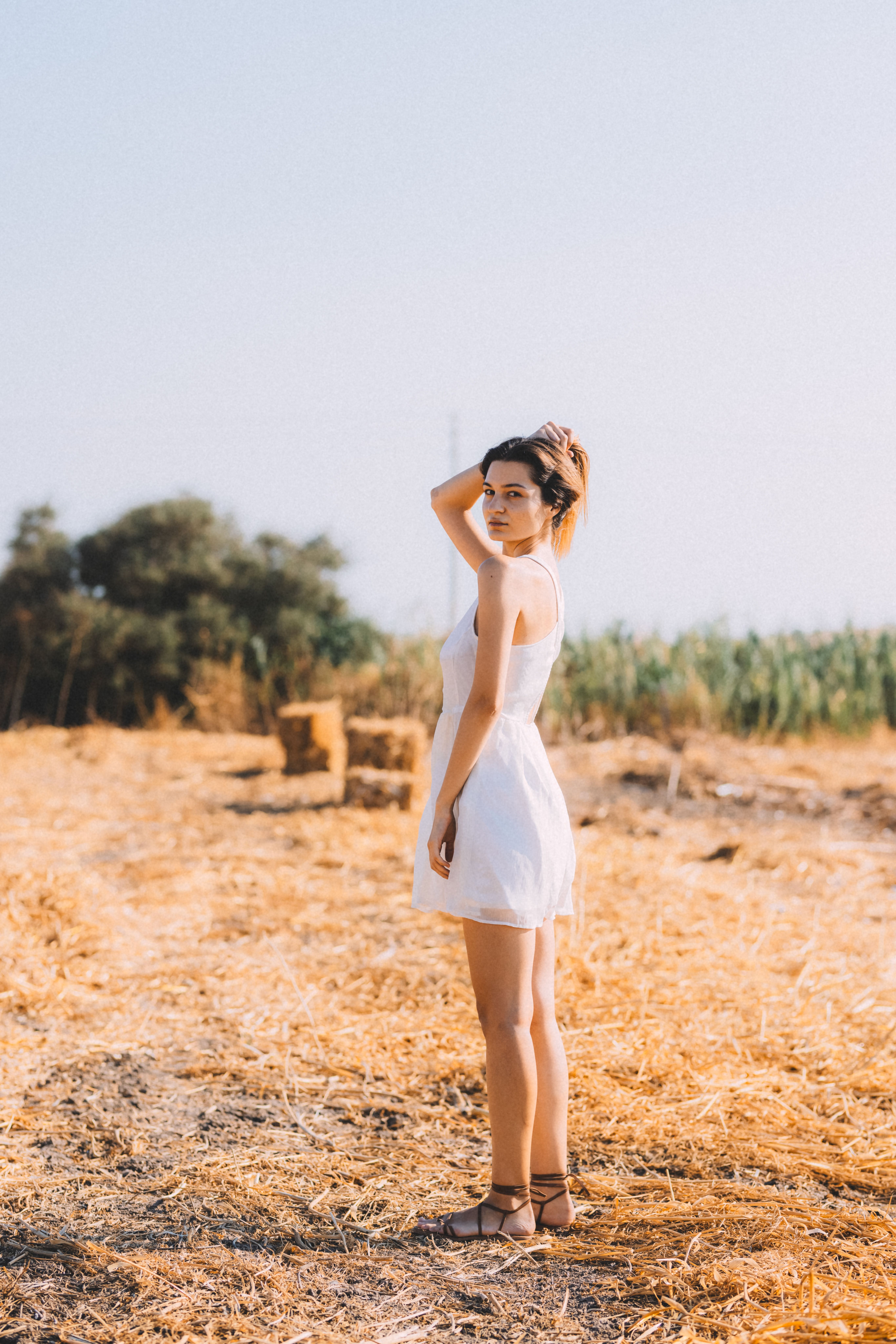 A young woman in a white dress stands in a sunlit field with a backdrop of trees.