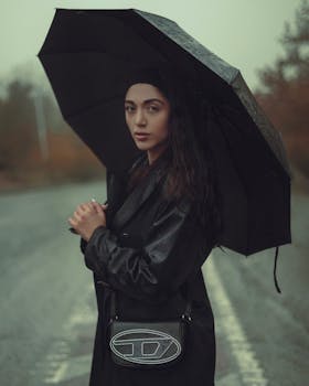 A woman in a trench coat holds an umbrella on a rainy autumn day.