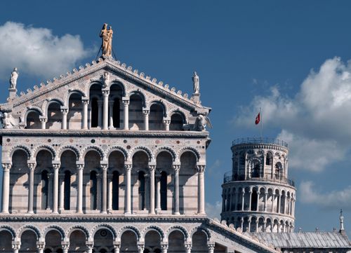 Free A beautiful view of Pisa Cathedral and Leaning Tower in Tuscany, Italy. Stock Photo