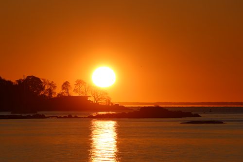 Free Captivating sunrise over water and silhouettes at Cove Island Park, Stamford. Stock Photo