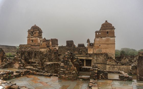 Majestic ruins of Chittorgarh Fort in Rajasthan, India, showcasing ancient architecture.