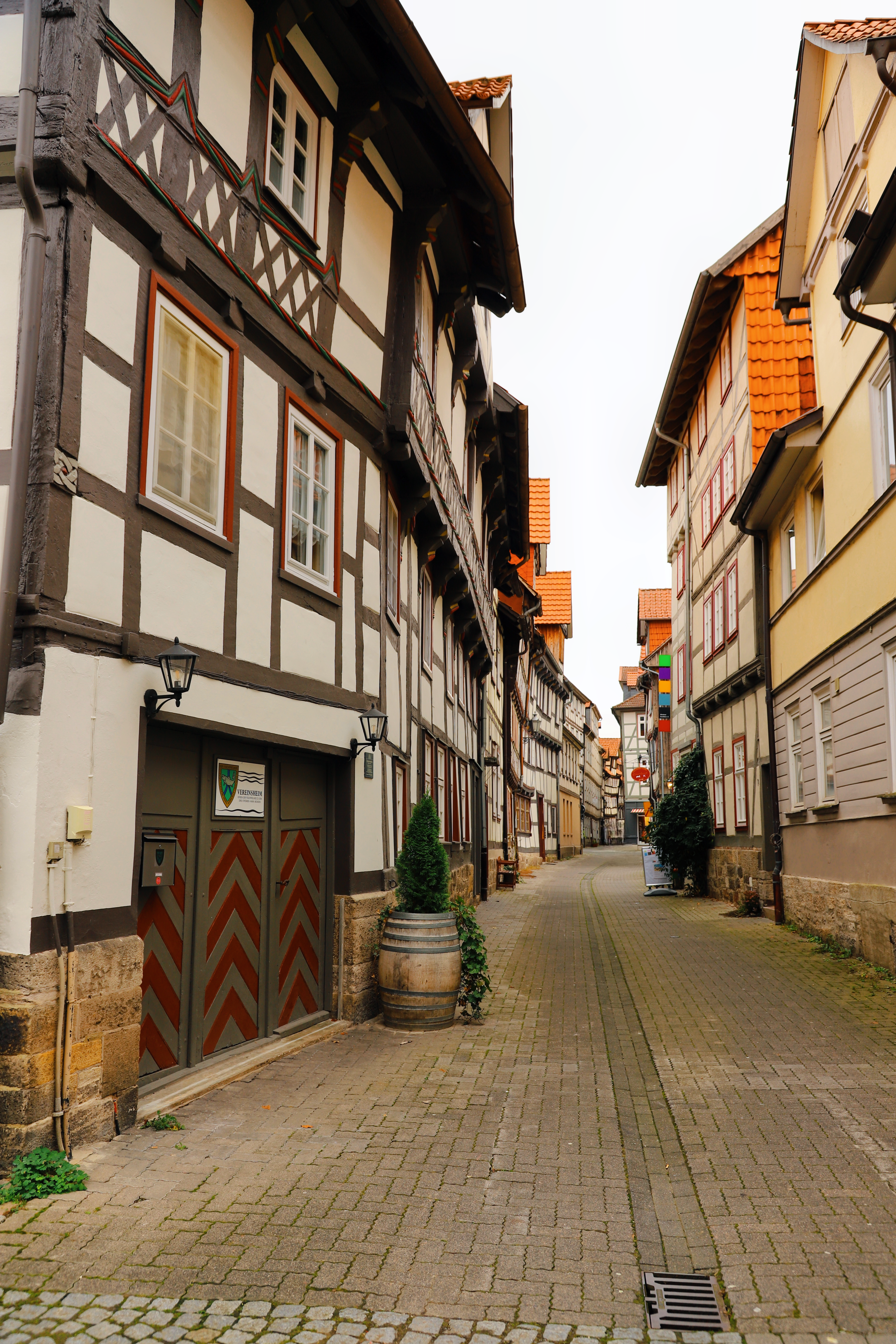 Picturesque half-timbered houses lining a historic street in Hann. Münden, Germany.