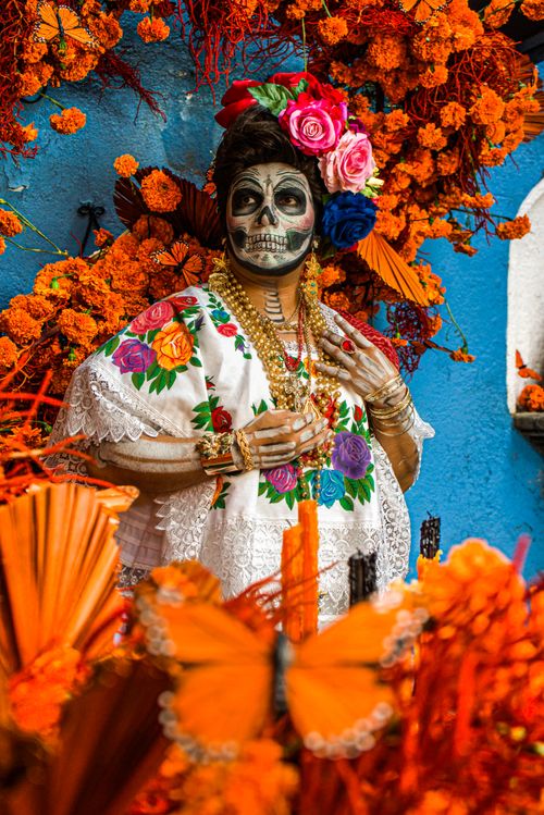Free Vibrant Day of the Dead with Catrina costume and marigold flowers. Stock Photo