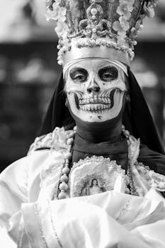 Black and white photo of a Catrina costume with detailed makeup and headdress, showcasing Mexican tradition.