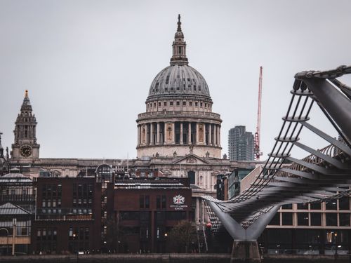 View of St. Paul's Cathedral and Millennium Bridge in London, showcasing iconic architecture.