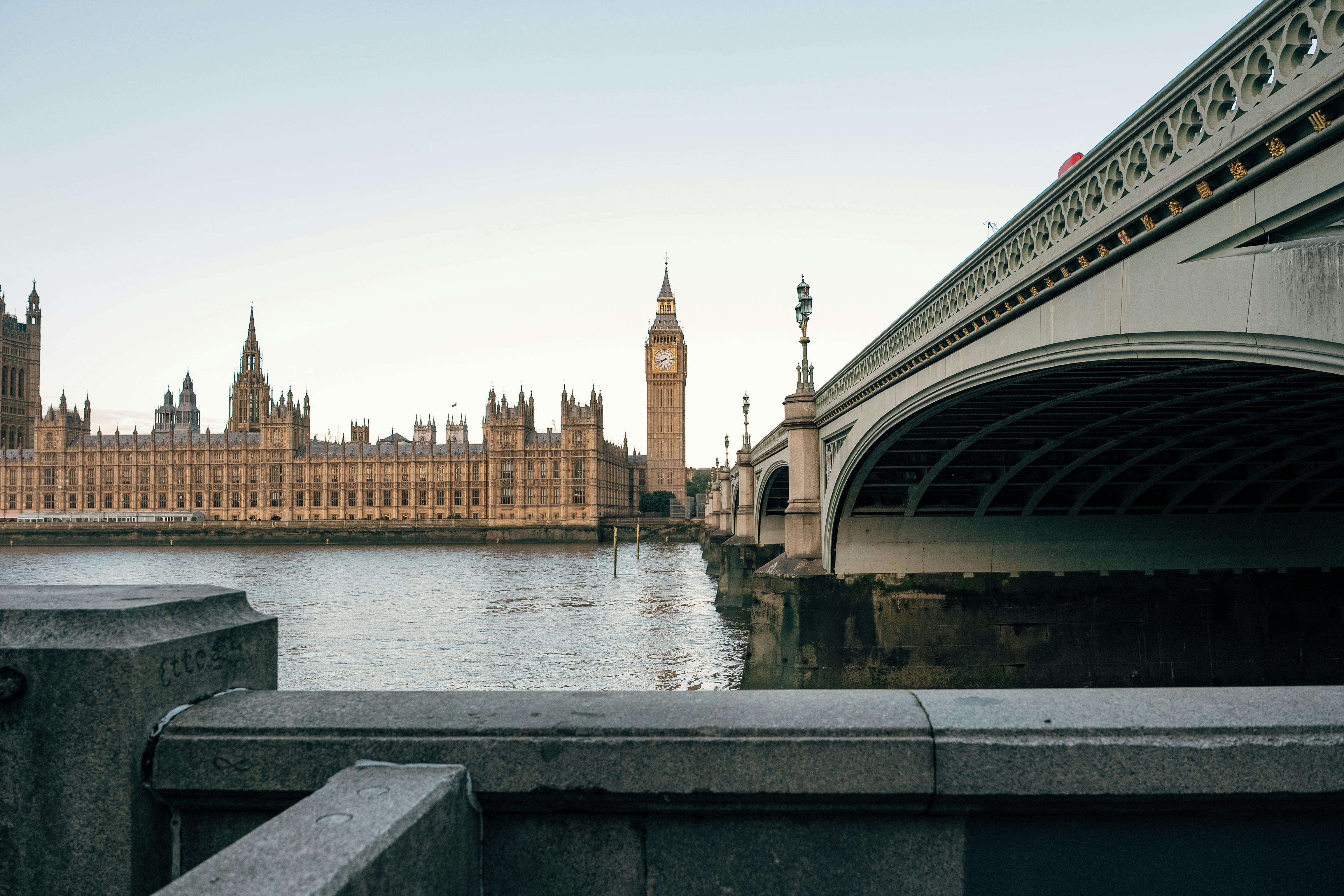 View of Big Ben and Westminster Bridge at dusk in London, England, UK.