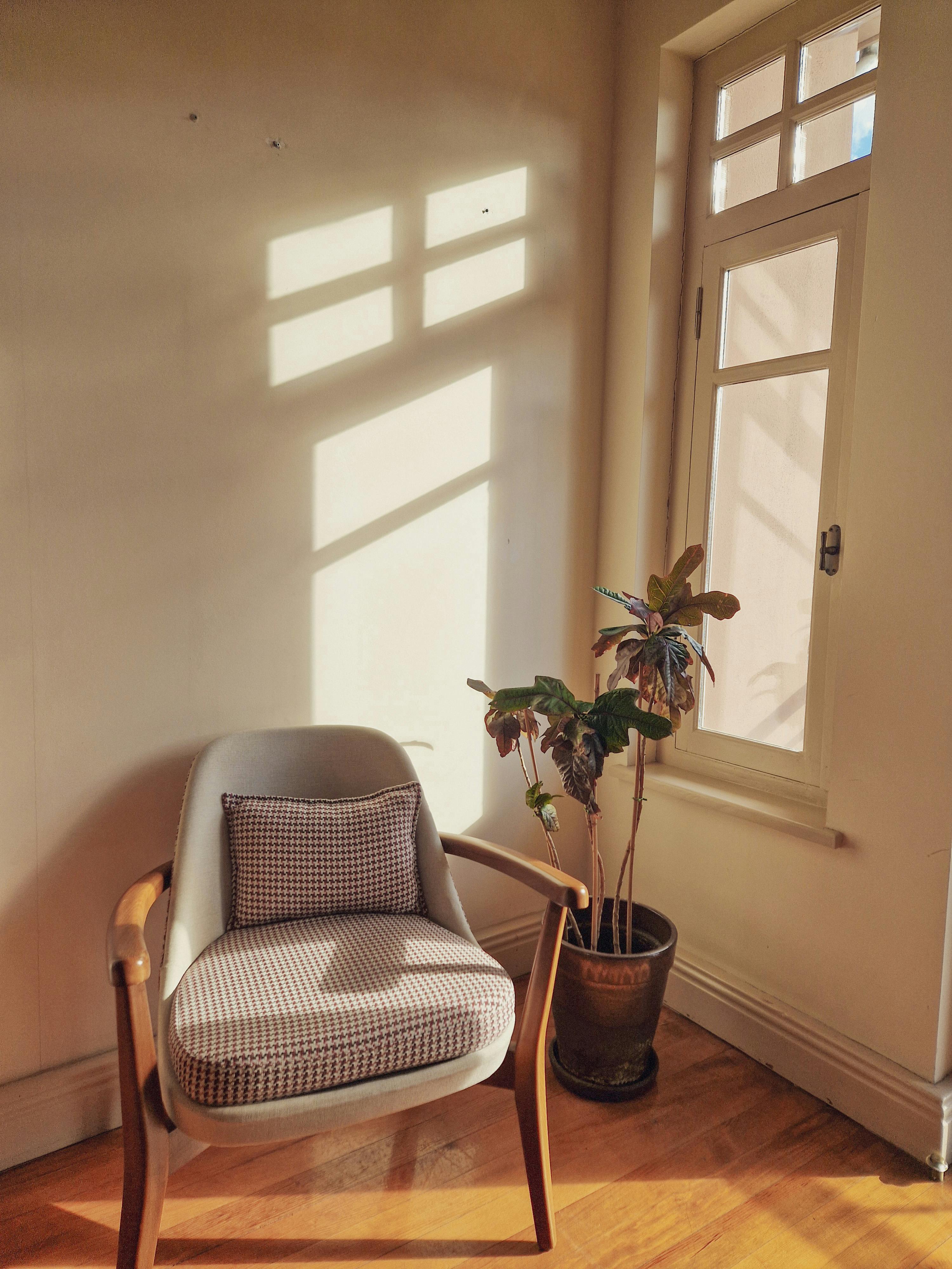 Free A cozy chair by a sunlit window, perfect for relaxation in a quiet room. Stock Photo