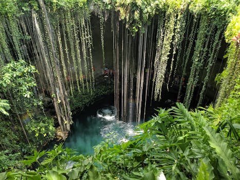 Beautiful view of Cenote Ik Kil surrounded by lush greenery in Yucatan, Mexico.