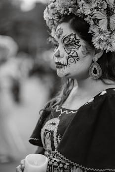 Elegant depiction of a woman in Catrina makeup adorned with a floral headdress, outdoors in Mexico City.