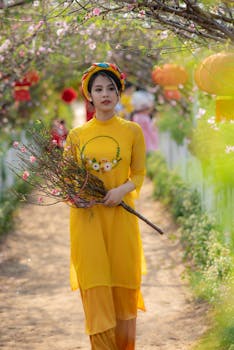 A woman in traditional yellow Ao Dai holds peach blossoms on a vibrant spring pathway.