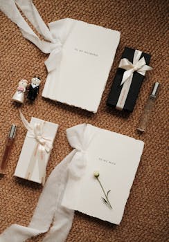 Stylish flat lay of wedding gifts with personalized notebooks and perfume on a textured background.