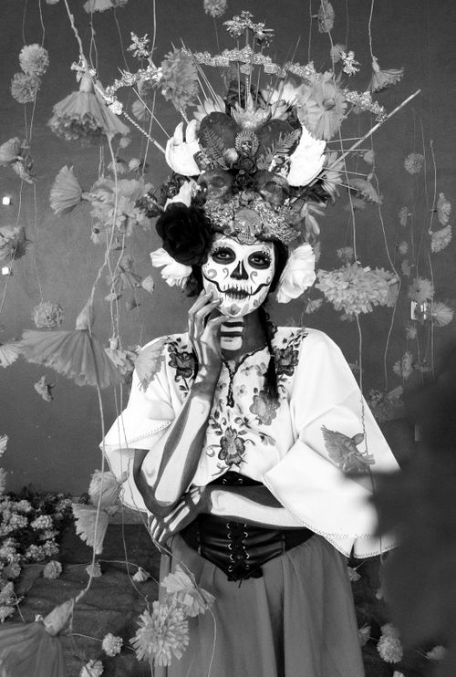 Free Artistic Catrina makeup with elaborate headdress, celebrating Mexican culture. Stock Photo