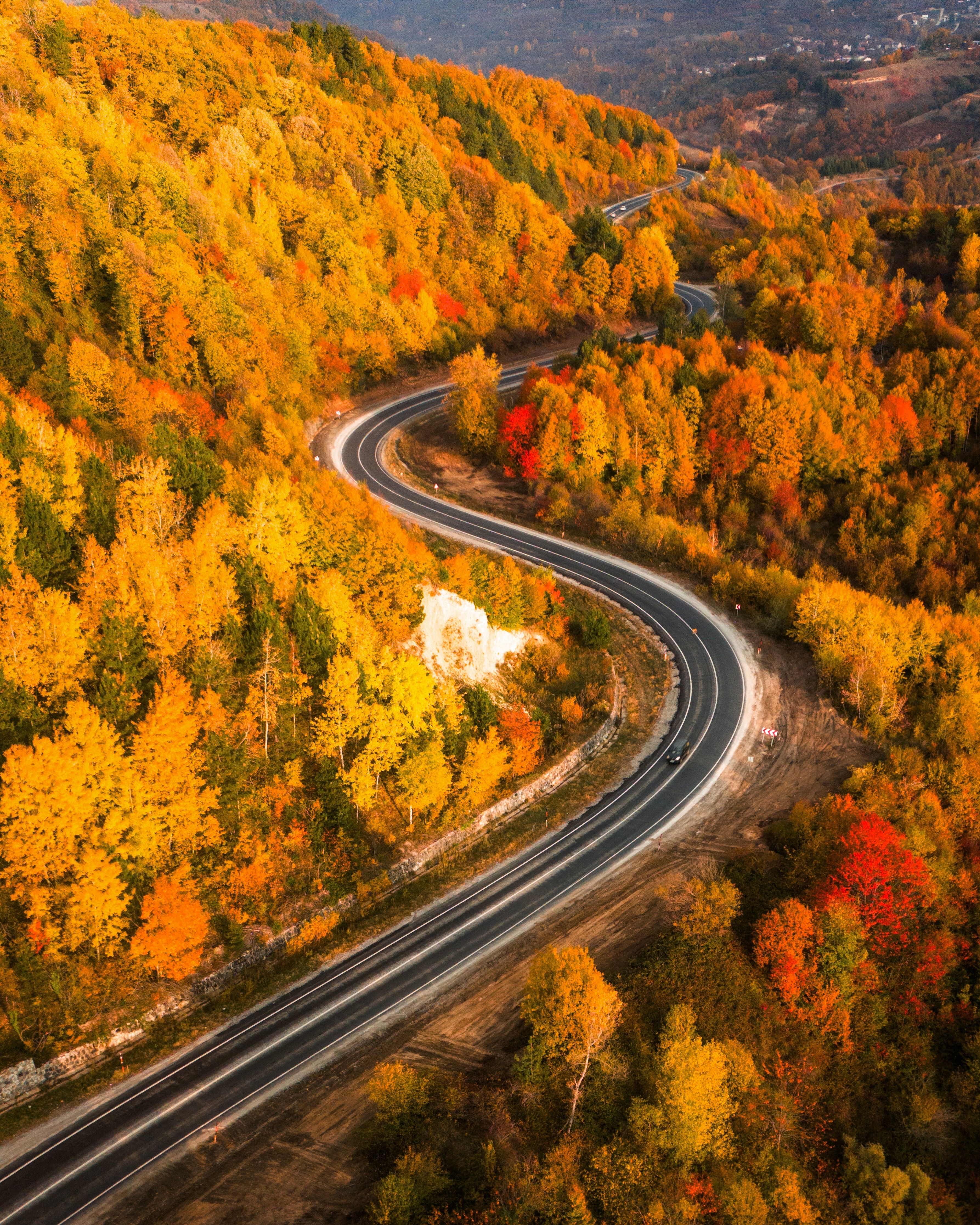 Aerial view of winding road through autumn forest · Free Stock Photo
