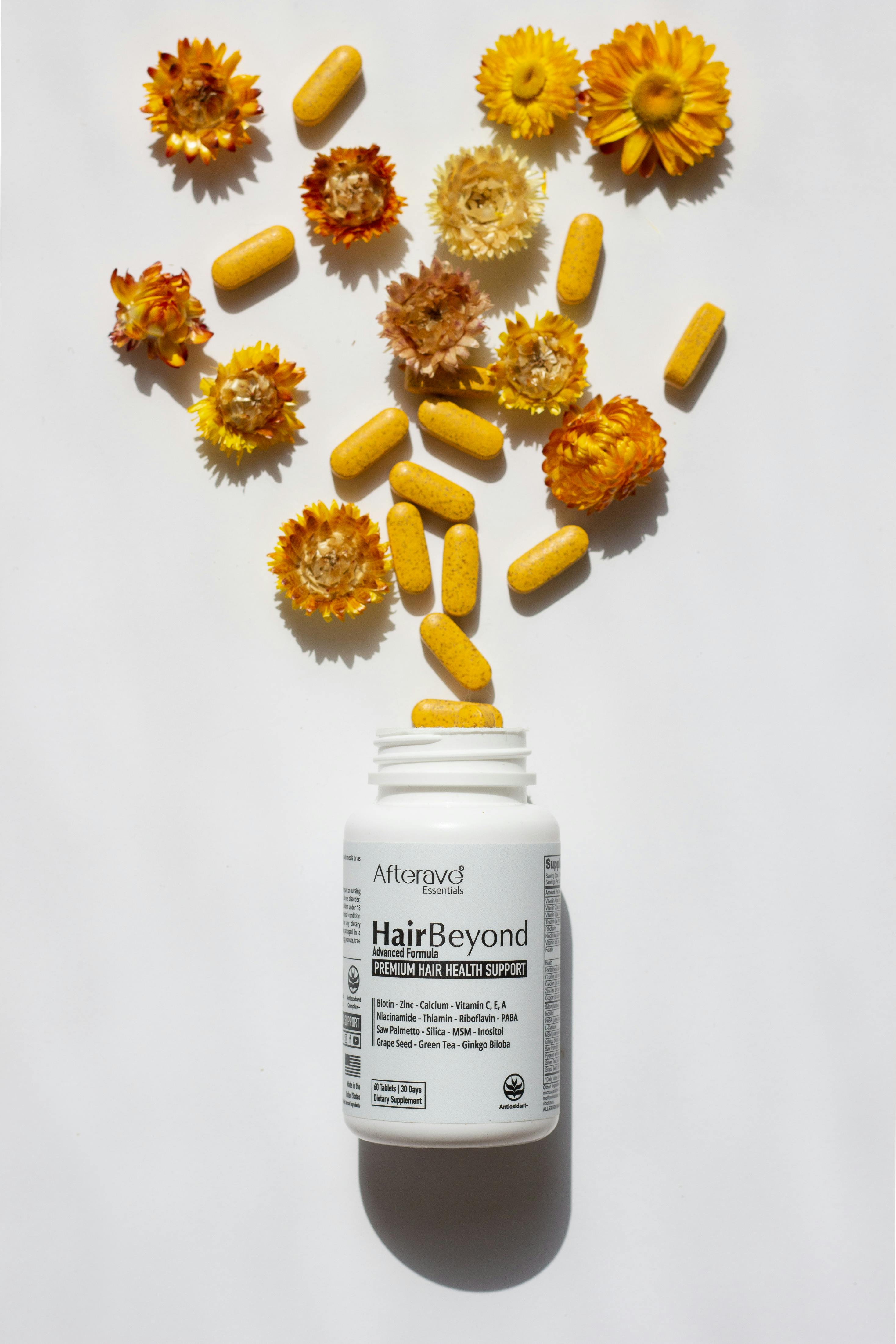 HairBeyond supplement bottle surrounded by flowers and pills emphasizing hair health benefits.