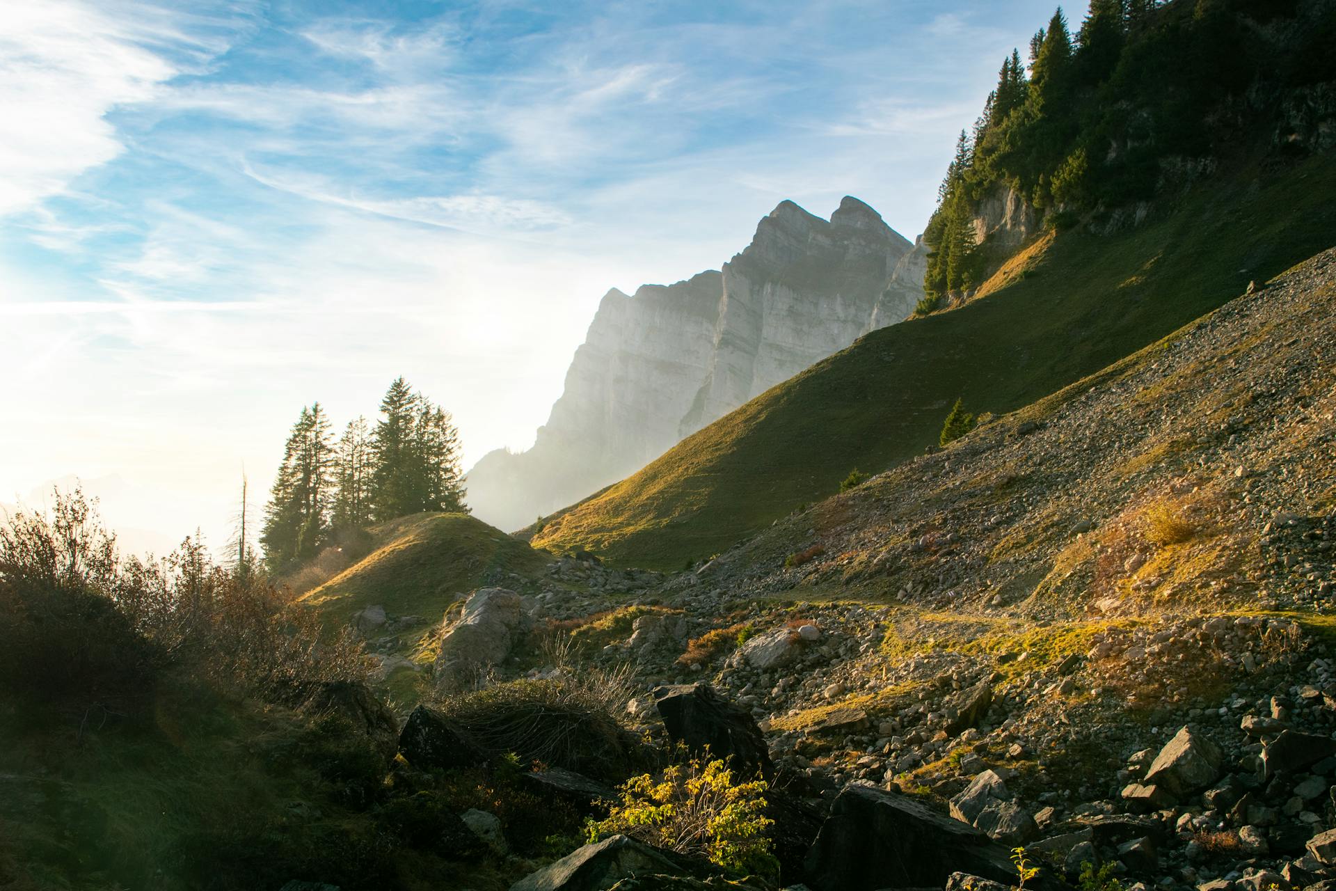 Dramatic mountain landscape in Walenstadt, Switzerland captured at sunset.