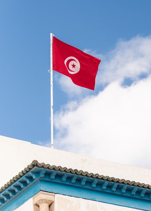 Free A Tunisian flag waves proudly atop a historic building in Carthage, Tunisia. Stock Photo
