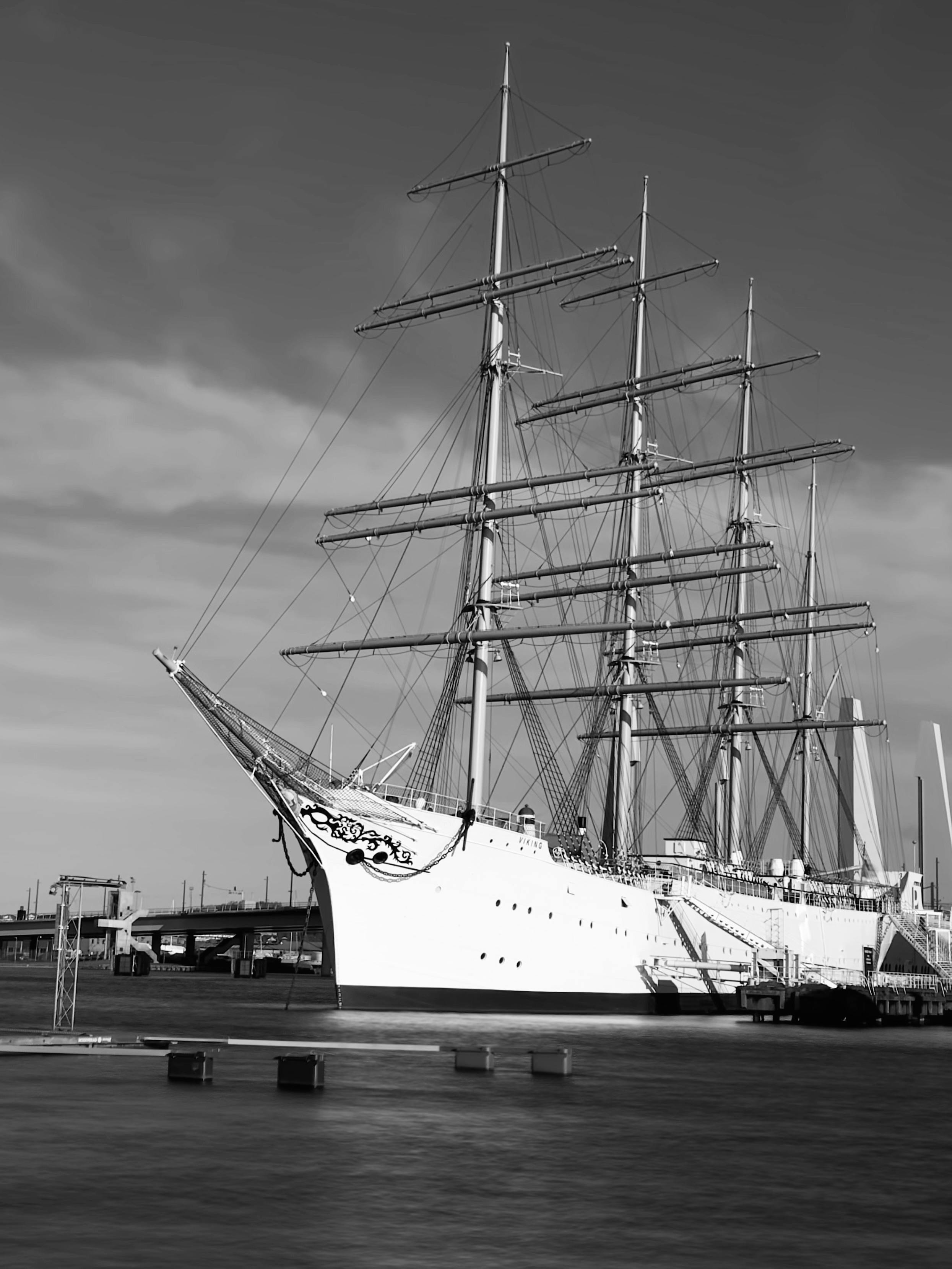 monochrome view of tall ship in gothenburg harbor