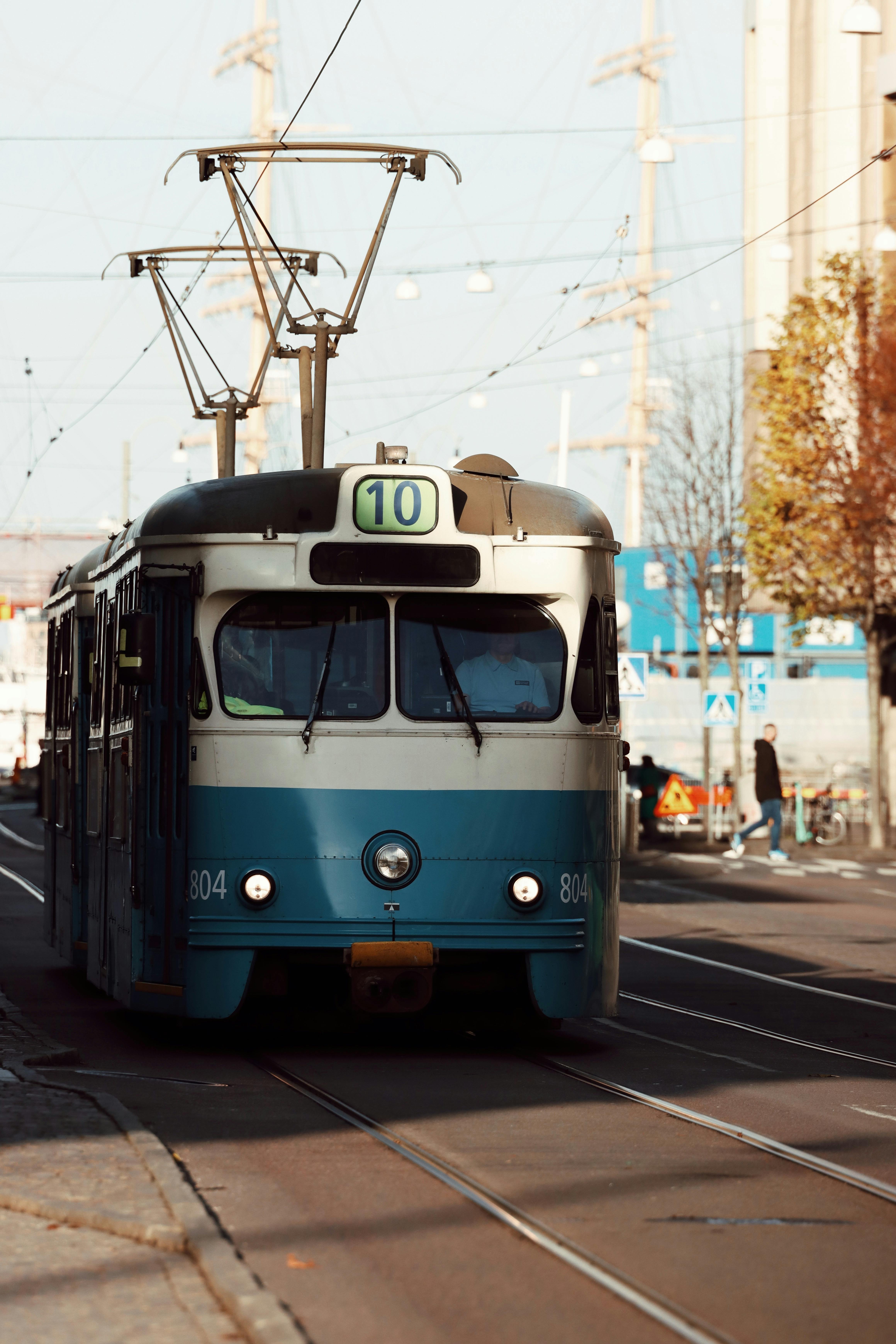 classic blue tram in gothenburg sweden