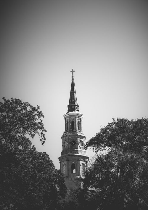 Free Black and white photo of a historic church steeple framed by lush trees. Stock Photo