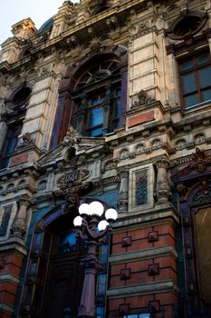 Detailed view of ornate architecture on a historic building in Buenos Aires, Argentina.