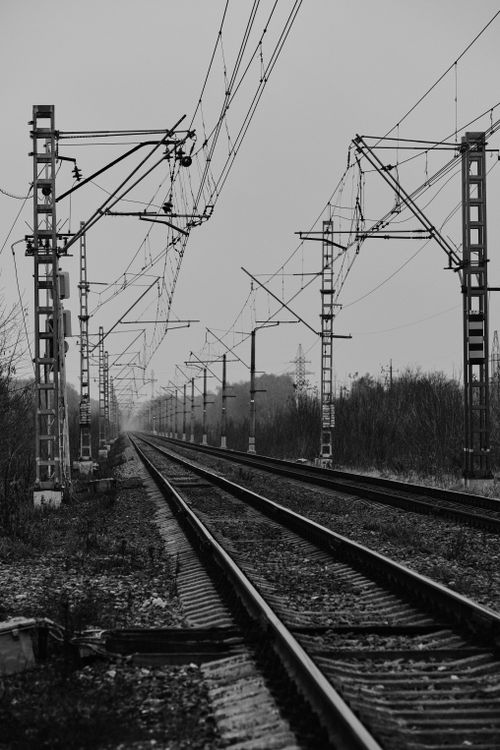 Free A moody black and white photo of railway tracks disappearing into the horizon under cloudy skies. Stock Photo