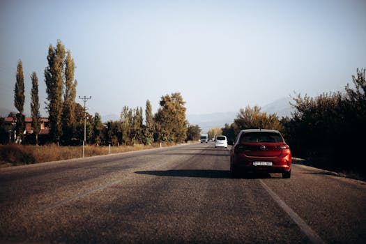 A red car driving on a rural road lined with trees under clear skies during daytime.