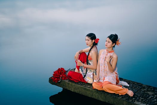 Two women in traditional attire sit gracefully by a serene body of water, exuding elegance.